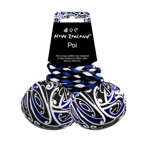NZ Poi w/Māori Patterned Fabric Blue