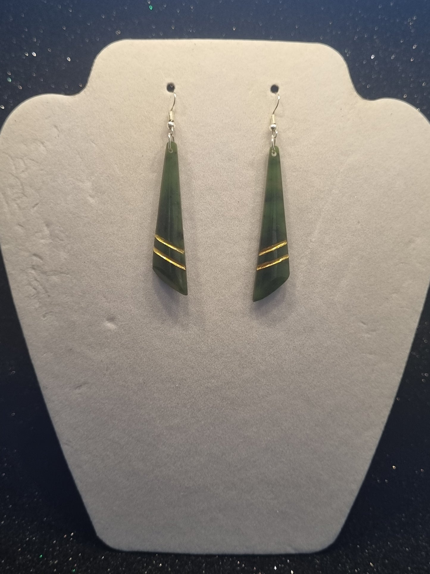 Pounamu drop earrings with double gold strip
