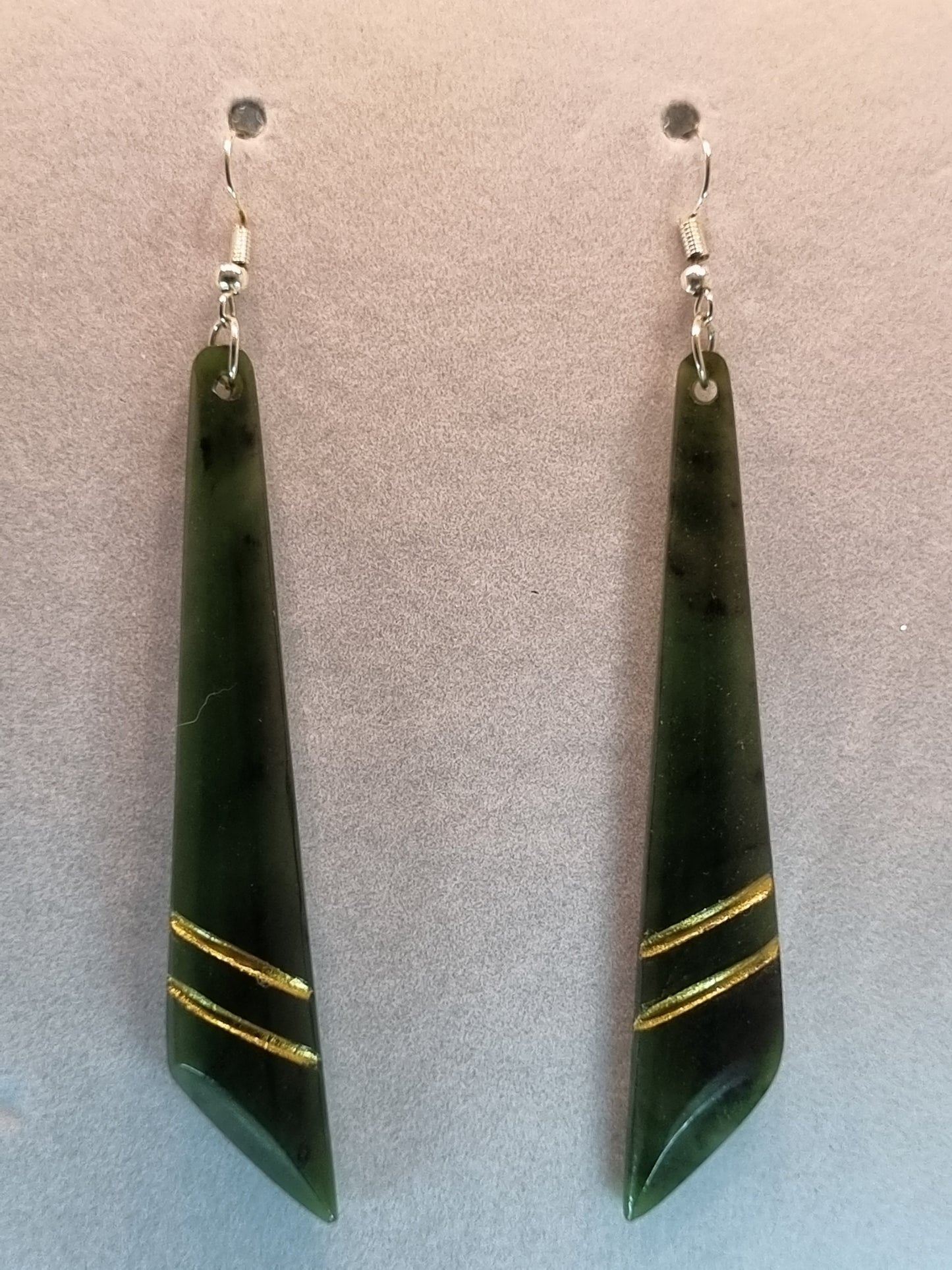 Pounamu drop earrings with double gold strip